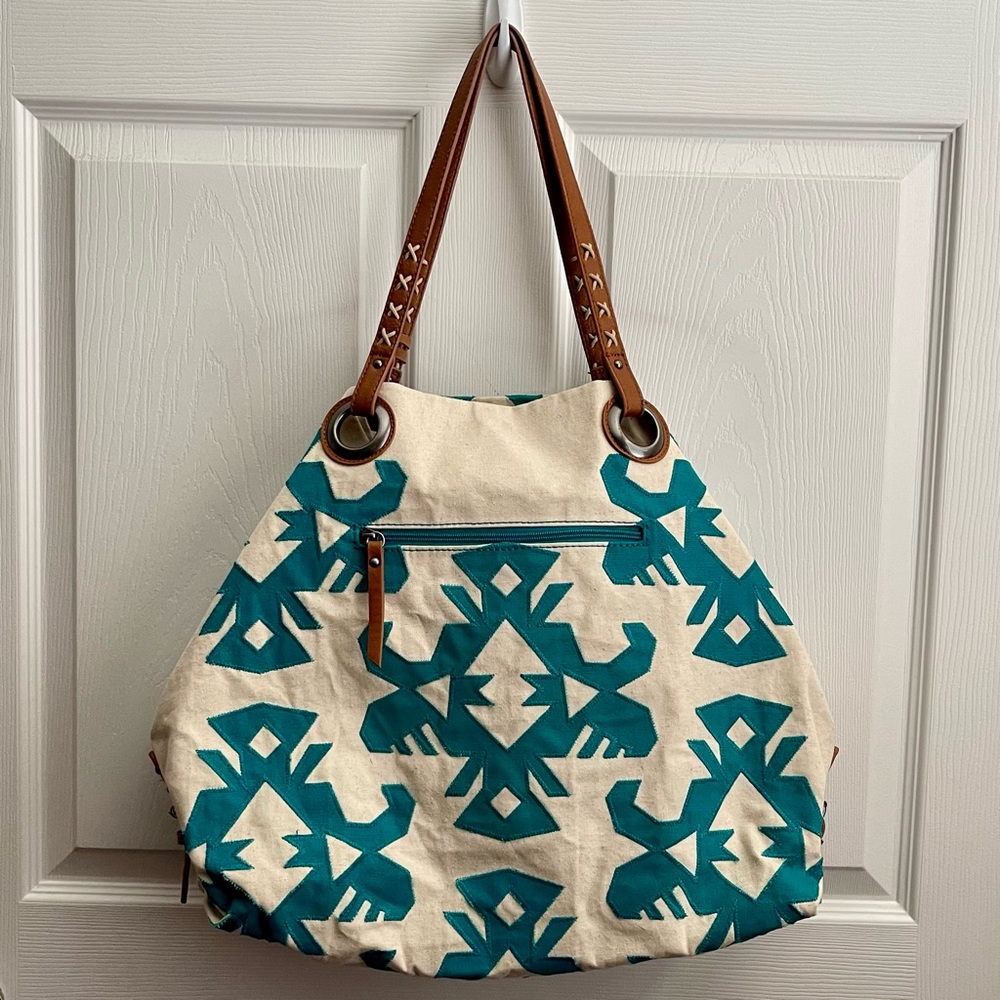 LUCKY BRAND SOUTHWEST INSPIRED COVINA CANVAS TOTE TURQUOISE AND CREAM LIKE NEW - Picture 10 of 16